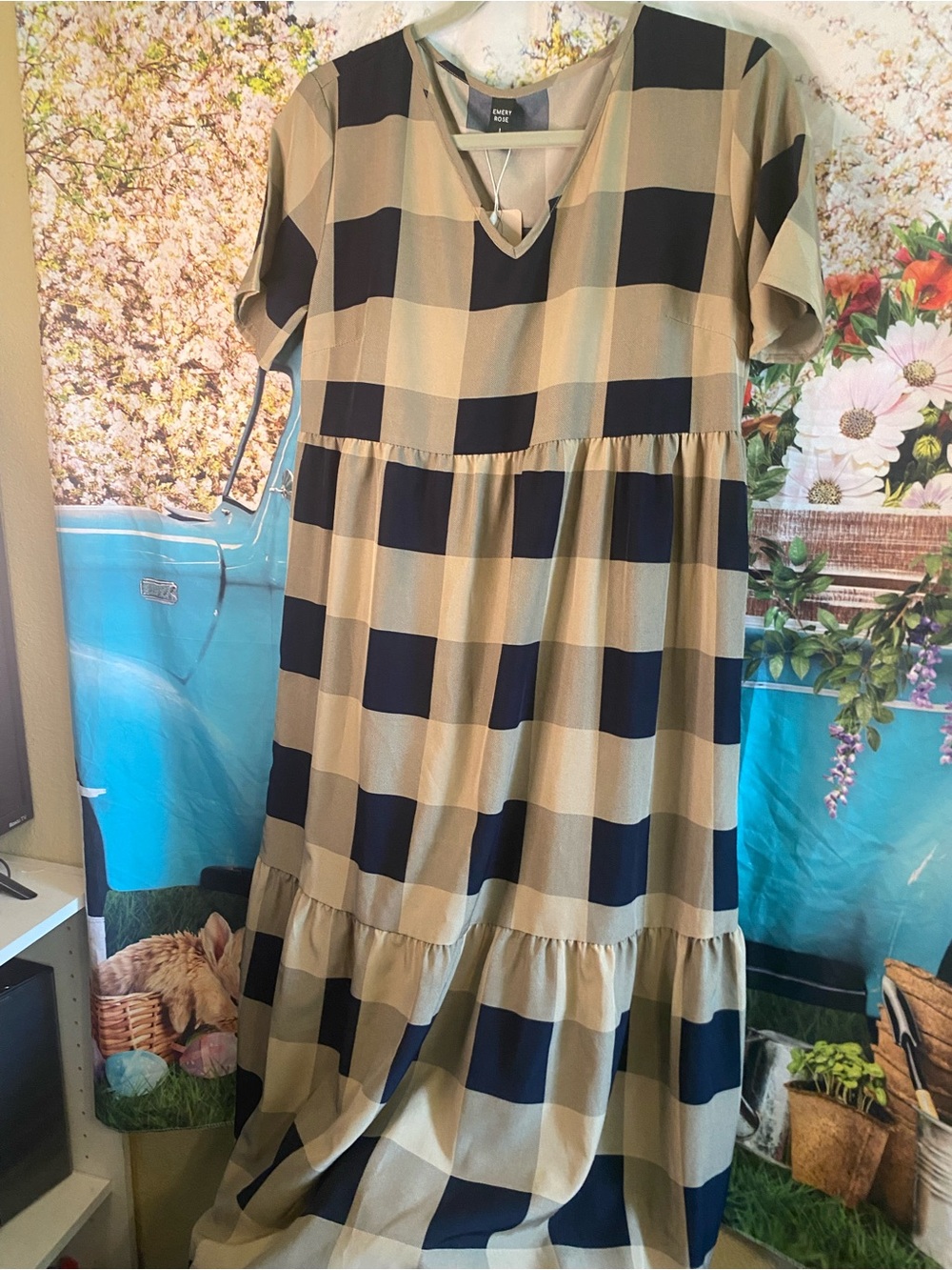 Emery Rose Beige and Navy Buffalo-Check V-Neck Dress